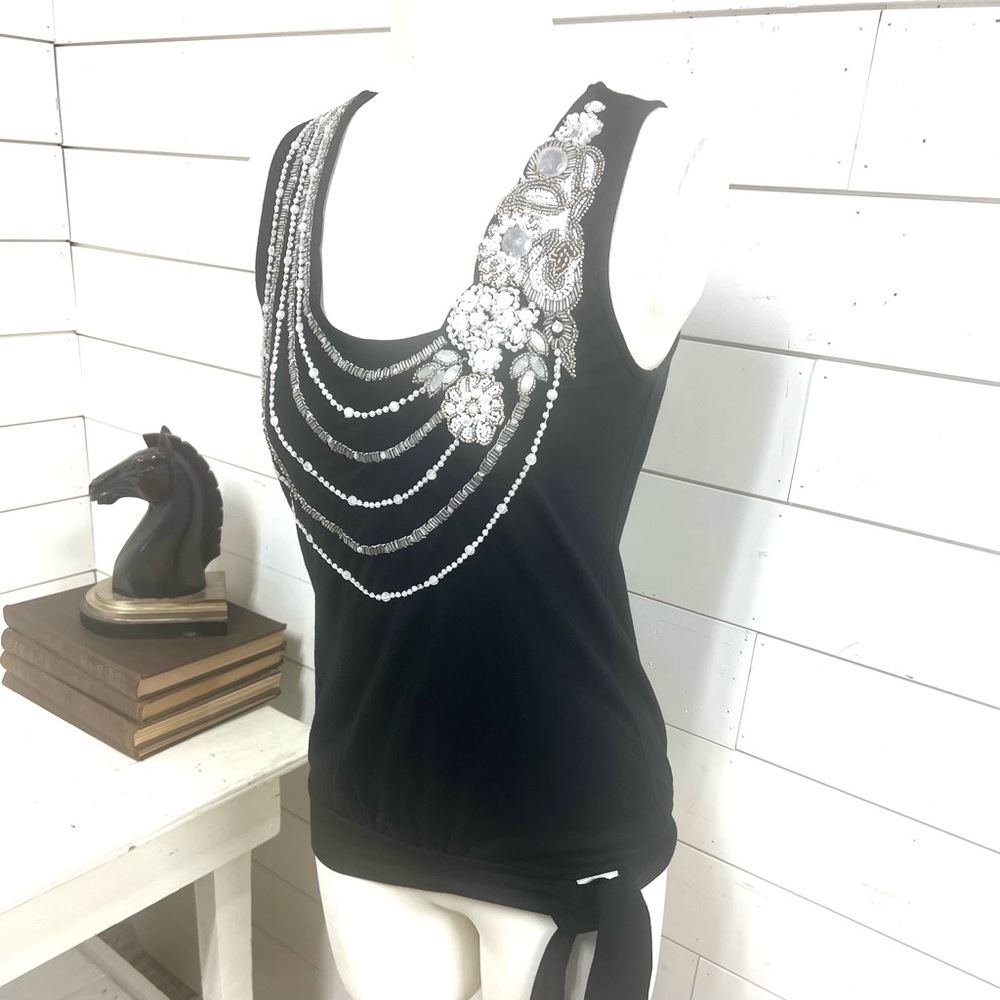 Cache Black Embellished Beaded Tank Top